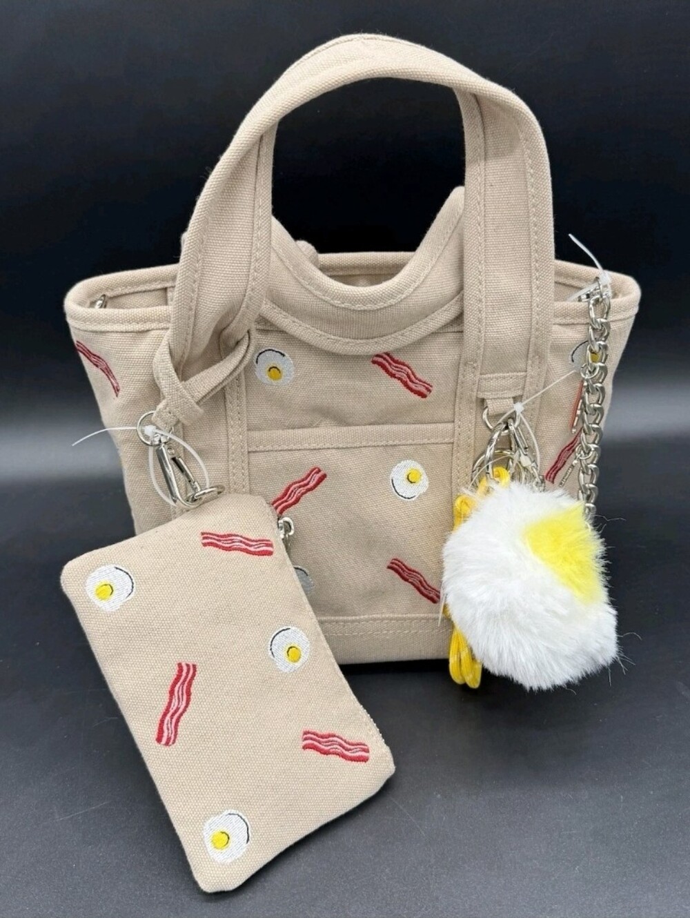 NWT Madden Girl Taupe Bacon & Eggs Canvas Mini Tote Bag Egg Heart Charm